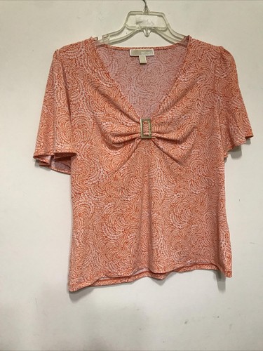 NWT-Michael Kors Sz M Tangerine Floral Short Sleeve Blouse With Buckle - Picture 4 of 8