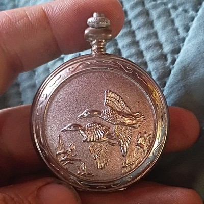 Silver Full Hunter Pocket Watch Duck Motif White Dial Arabic Numerals 12-Hour