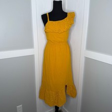 Old Navy Eyelet Ruffle Midi Dress Women M/L Yellow One Shoulder Cotton