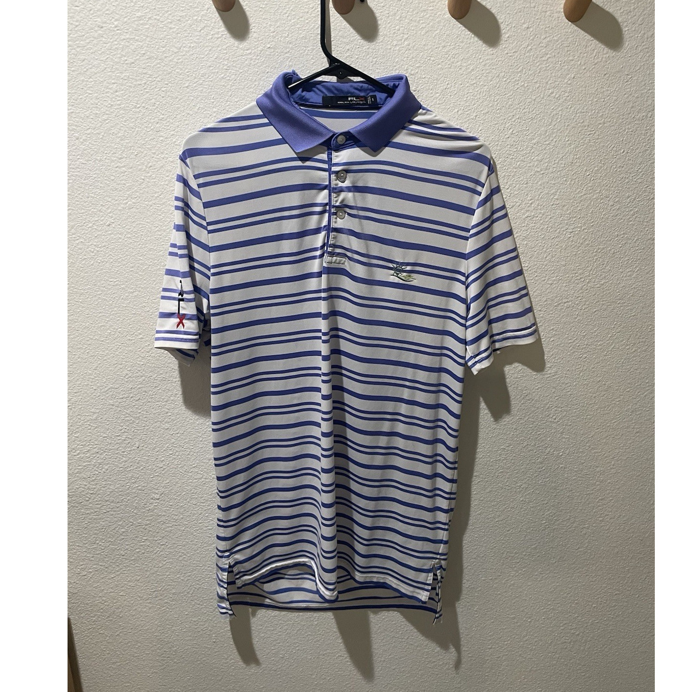 RLX Ralph Lauren Men's Golf Polo Striped White Blue S Liberty National