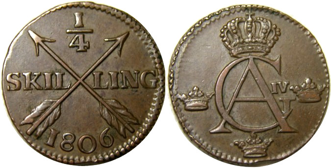 elf Sweden 1/4 Skilling 1806  Gustav IV Adolf