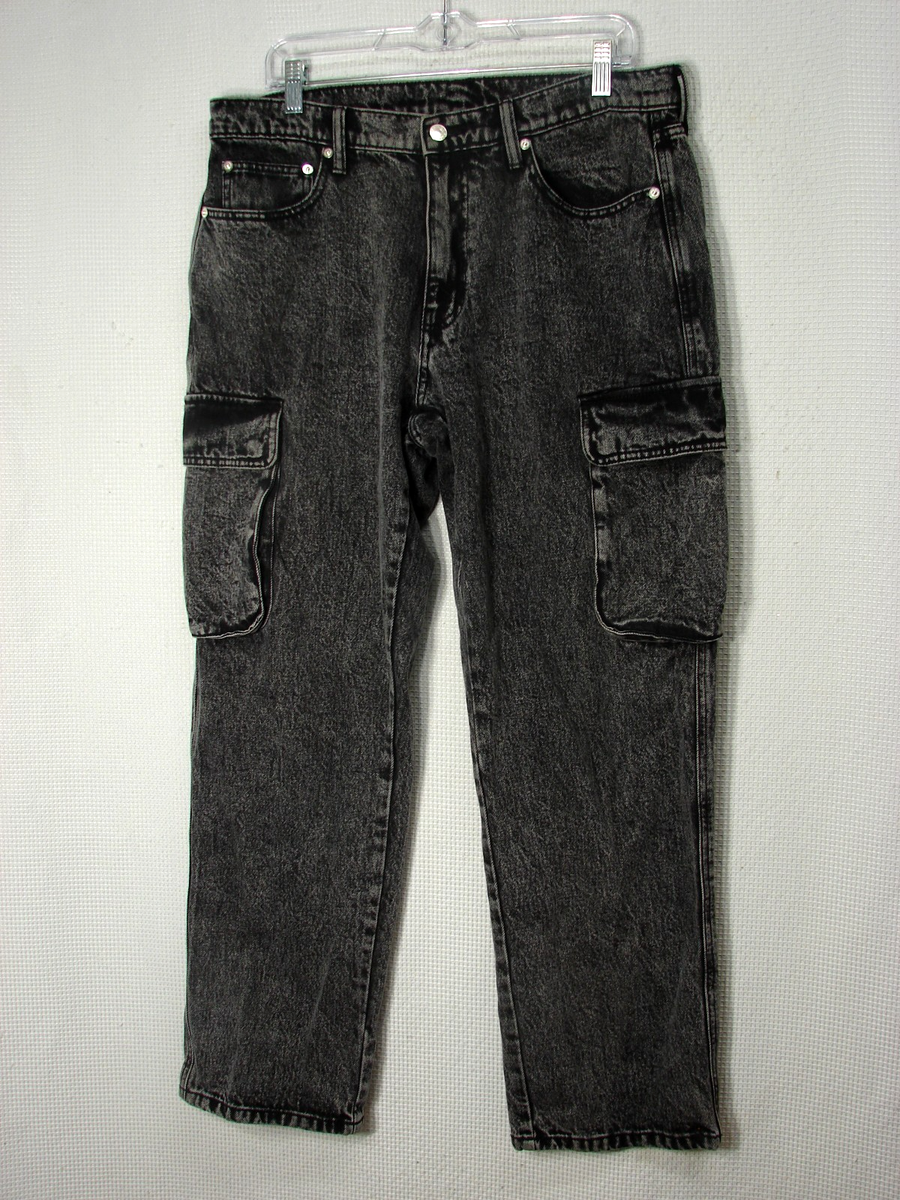 Vtg 90s Y2K Black Acid Wash Denim Loose Baggy Cargo Jeans Mens