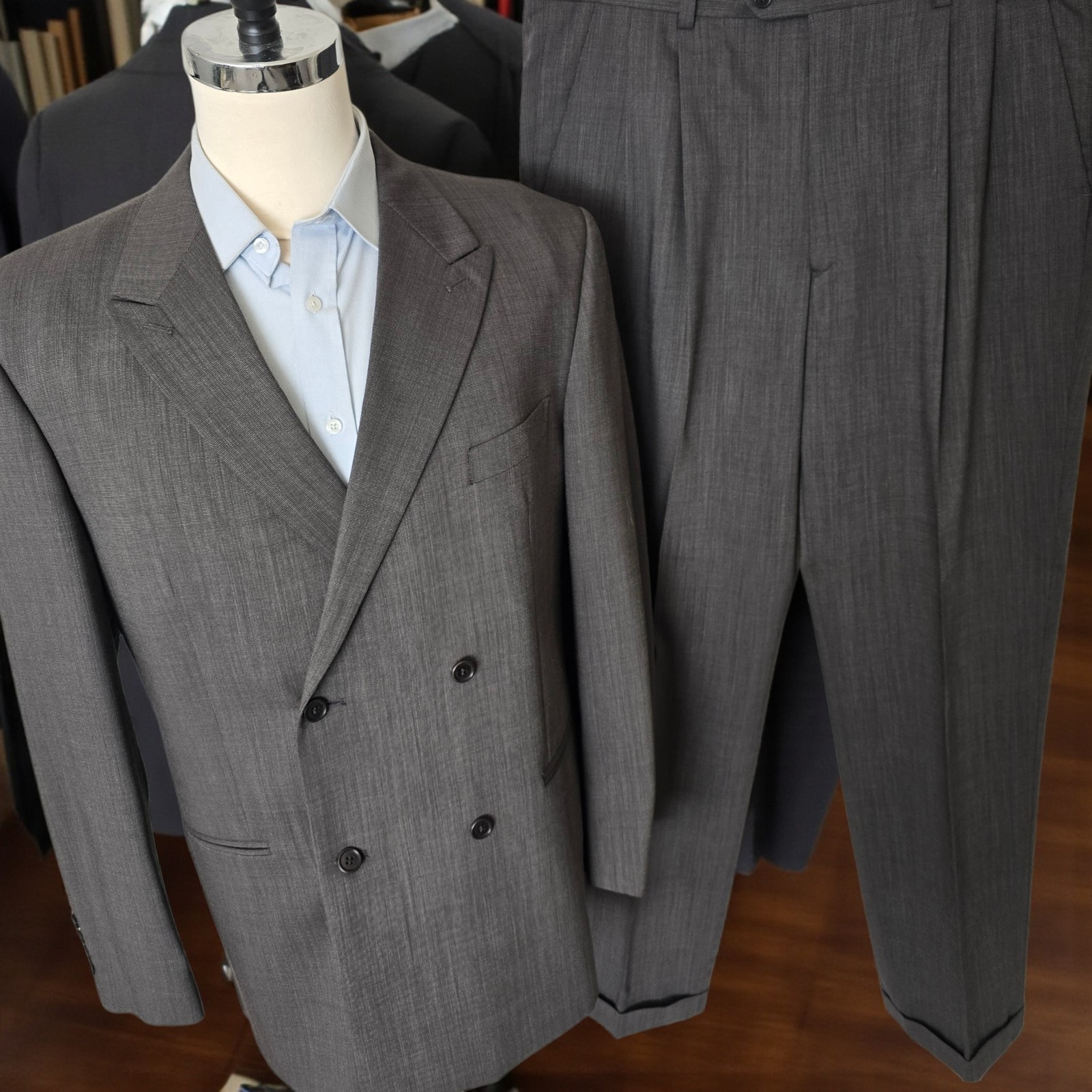 Vintage Double Breasted Peak Lapel Wool Suit 44r 38x31 Half Canvas