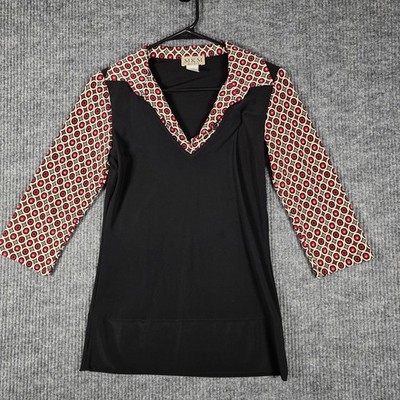 MKM Designs M Black Geometric Print Tunic Top 3/4 Sleeve V Neck USA