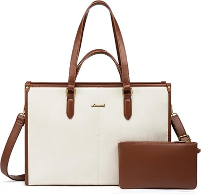 LOVEVOOK Women's Laptop Tote with Clutch, Vintage Leather Work Bag for Business 