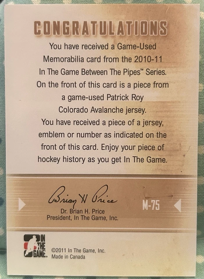 PATRICK ROY 2010-11 In The Game Between The Pipes Memorabilia Usada en Juego DORADO Foto 2 de 2