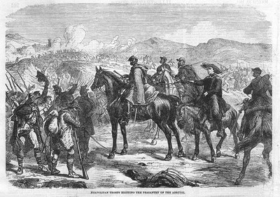 ITALIEN Neapolitanische Truppen spannend die Bauernschaft der Abruzzen antiker Druck 1861