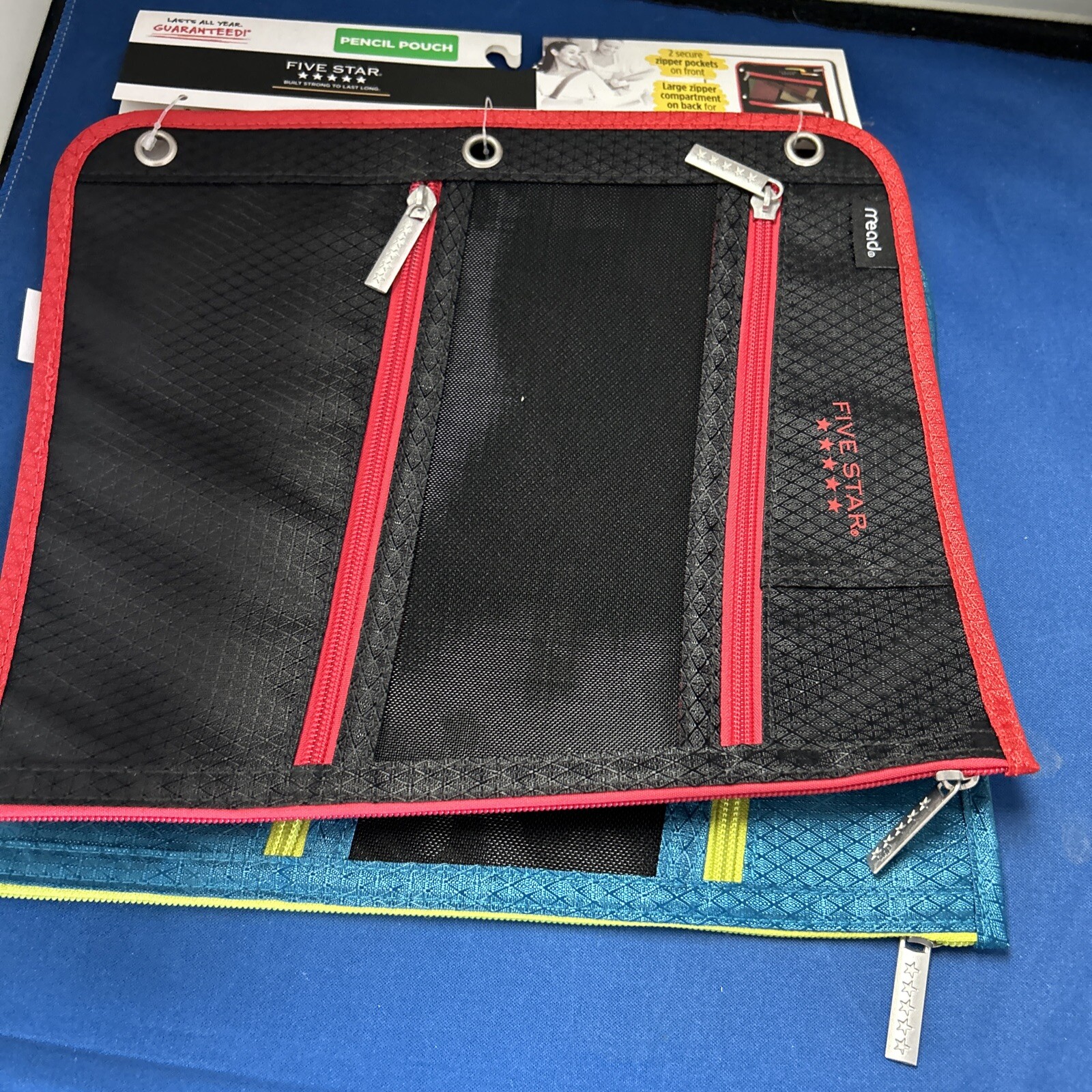 Mead Five Star Zippered Pencil Pouch Case Lot Of 2 Aqua & Red NEW