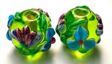 10pcs handmade Lampwork glass beads glass purple blue flower on green 14mm