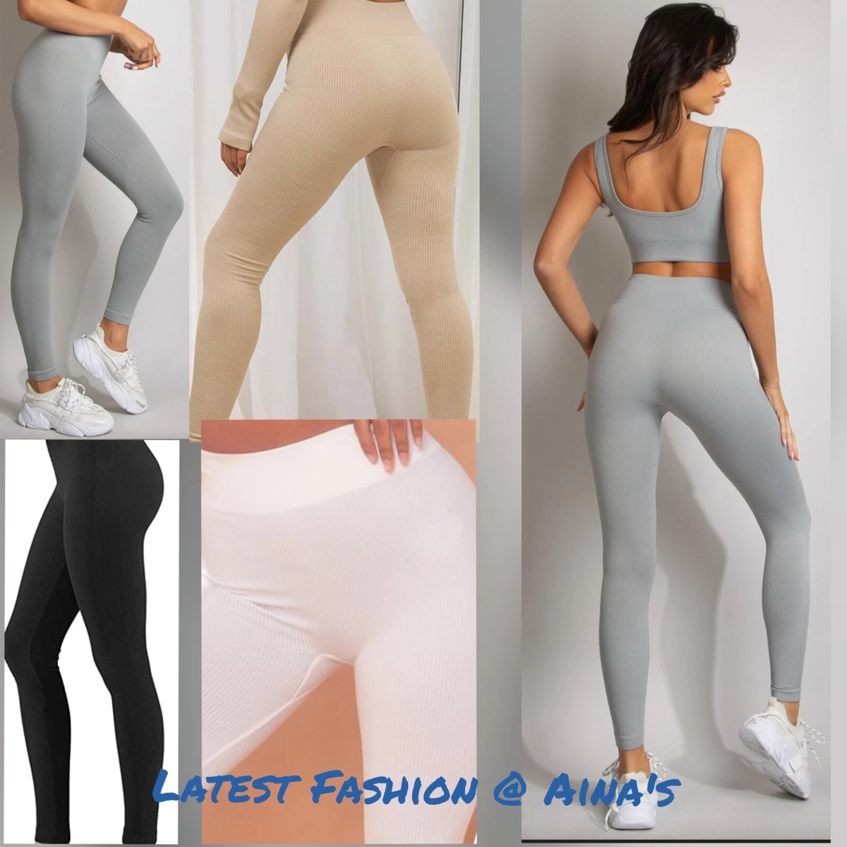 Women High Waist Seamless Ribbed Thick Leggings Ladies Stretchy Jogging  Bottoms