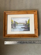 Original Painting Old Chain Bridge by Midred G. Hartson w/ Vintage Frame