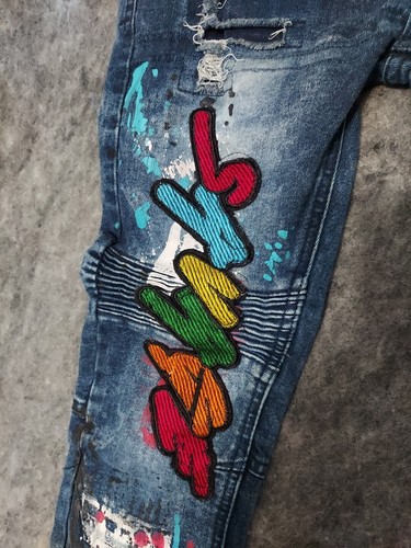 Encrypted Jeans Youth 10 Moto Blue Graffiti Rave Skater Grunge Paint Savage - Picture 7 of 13