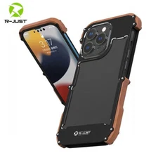 R-JUST Case For iPhone 16 15 14 13 Pro Max Aluminum Bumper Metal Wood Cover