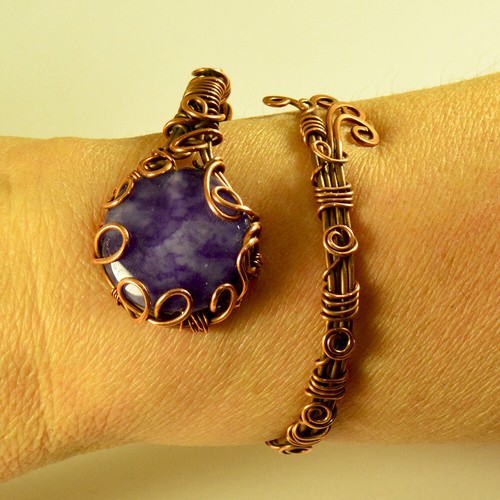 Women's Purple Agate Crystal Wire Wrapped Copper Cuff Handmade Bracelet - Picture 2 of 2