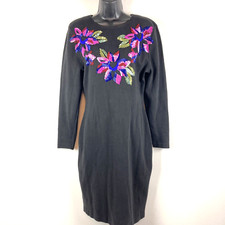 Carole Little S Cocktail evening Dress LBD Black cotton knit sequin midi modest