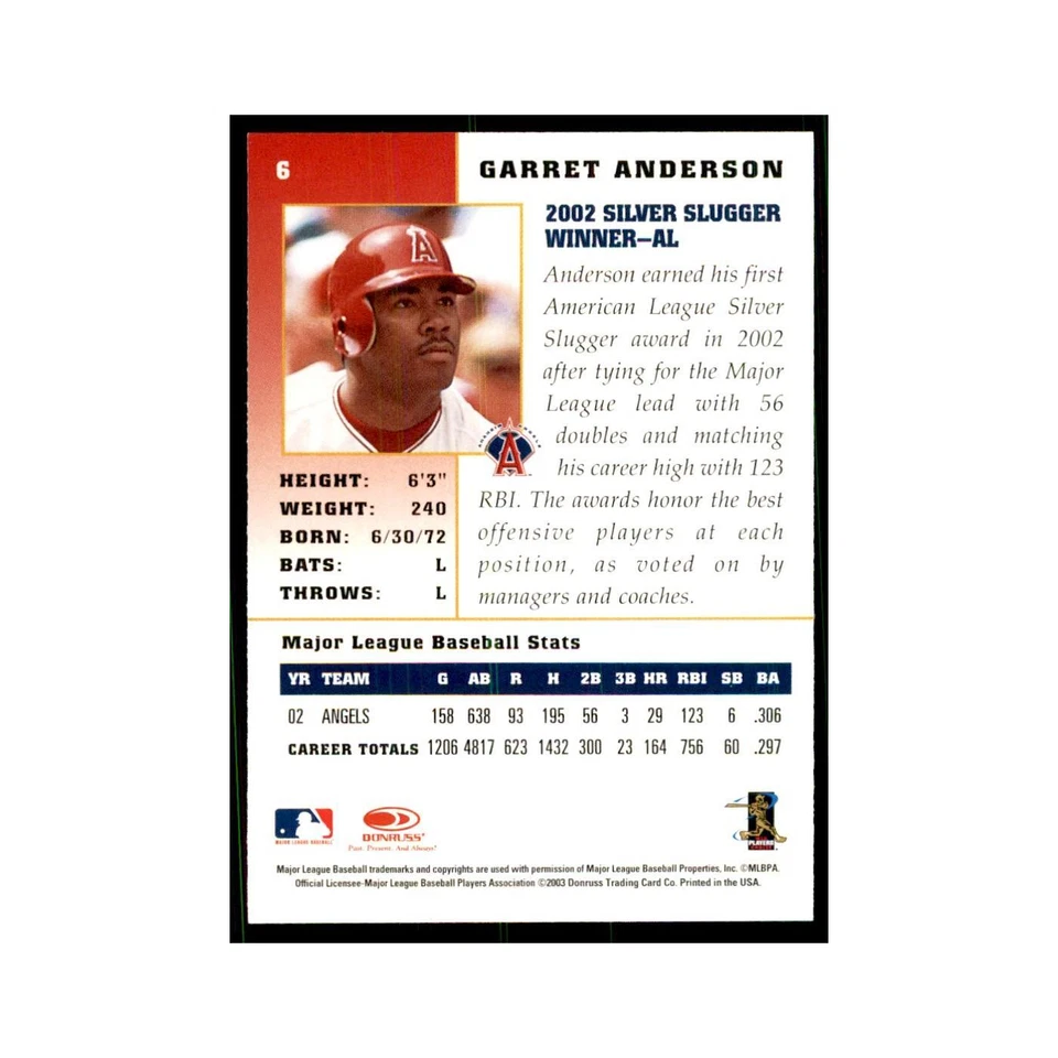 2003 Donruss Champions Garret Anderson Baseball Cards #6 - Image 2 of 3