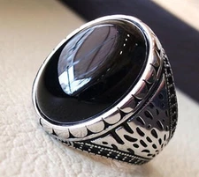 NATURAL BLACK ONYX DECEMBER BIRTHSTONE SOLID 925 SILVER HEAVY BIRTHDAY MENS RING