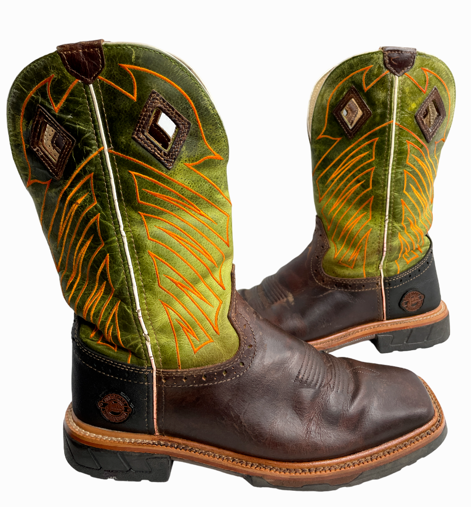 Justin WK4970 Green Wide Leather Western Cowboy Work Square Toe Boots Men's 8 EE