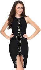 Bodycon Bandage Large Little Black Dress Studded Embellished Sleeveless Cocktail