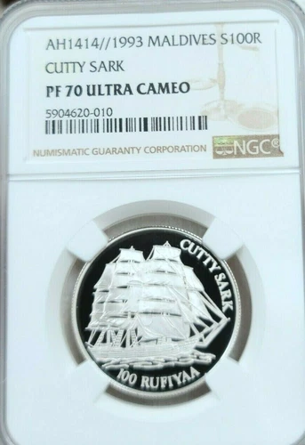 1993 MALDIVES SILVER 100 RUFIYAA CUTTY SARK NGC PF 70 ULTRA CAMEO PERFECTION