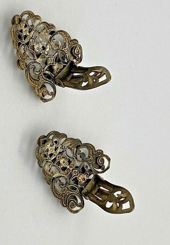 Antique Gold Metal Vintage Set Of Two Scarf Clips Brooches Crystal Stones - Picture 5 of 7