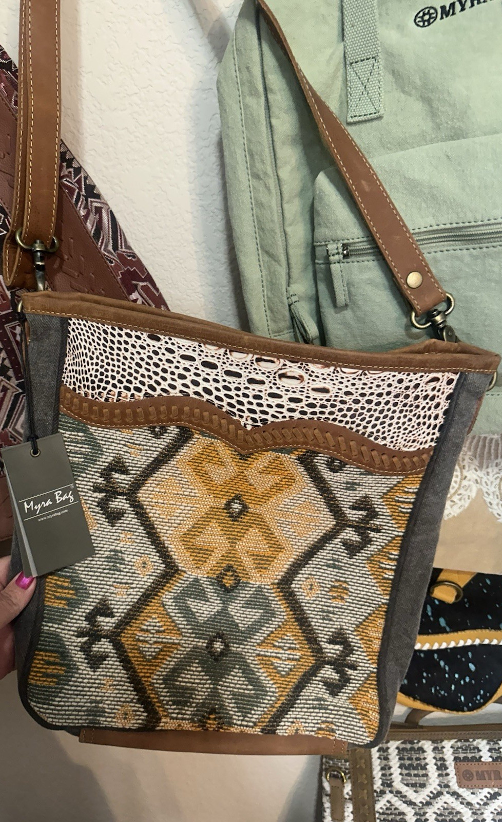 Myra Bag Women's Gray Brown Geometric Shoulder Bag with Zip Outer Pockets Lace