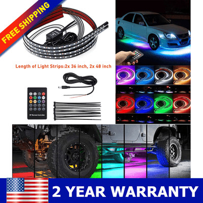 4pcs RGB 48 LED Strip Under Car Tube Underglow Underbody System Neon Light Kit