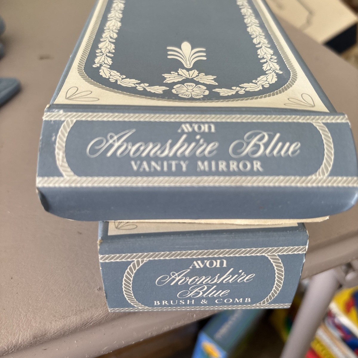 VINTAGE Avon AVONSHIRE BLUE Mirror, Hair Brush & Comb Vanity Set