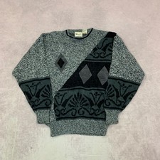 Vintage Knitted Jumper abstract patterned grandad knit sweater with patches