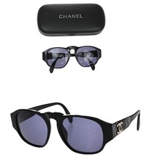 CHANEL CC Logos Sunglasses Eye Wear Plastic Black Navy 01452 63RQ046