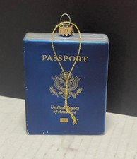 U.S.Passport Christmas Ornament Travel Theme Blue Gold Trim Holiday 3x3.5