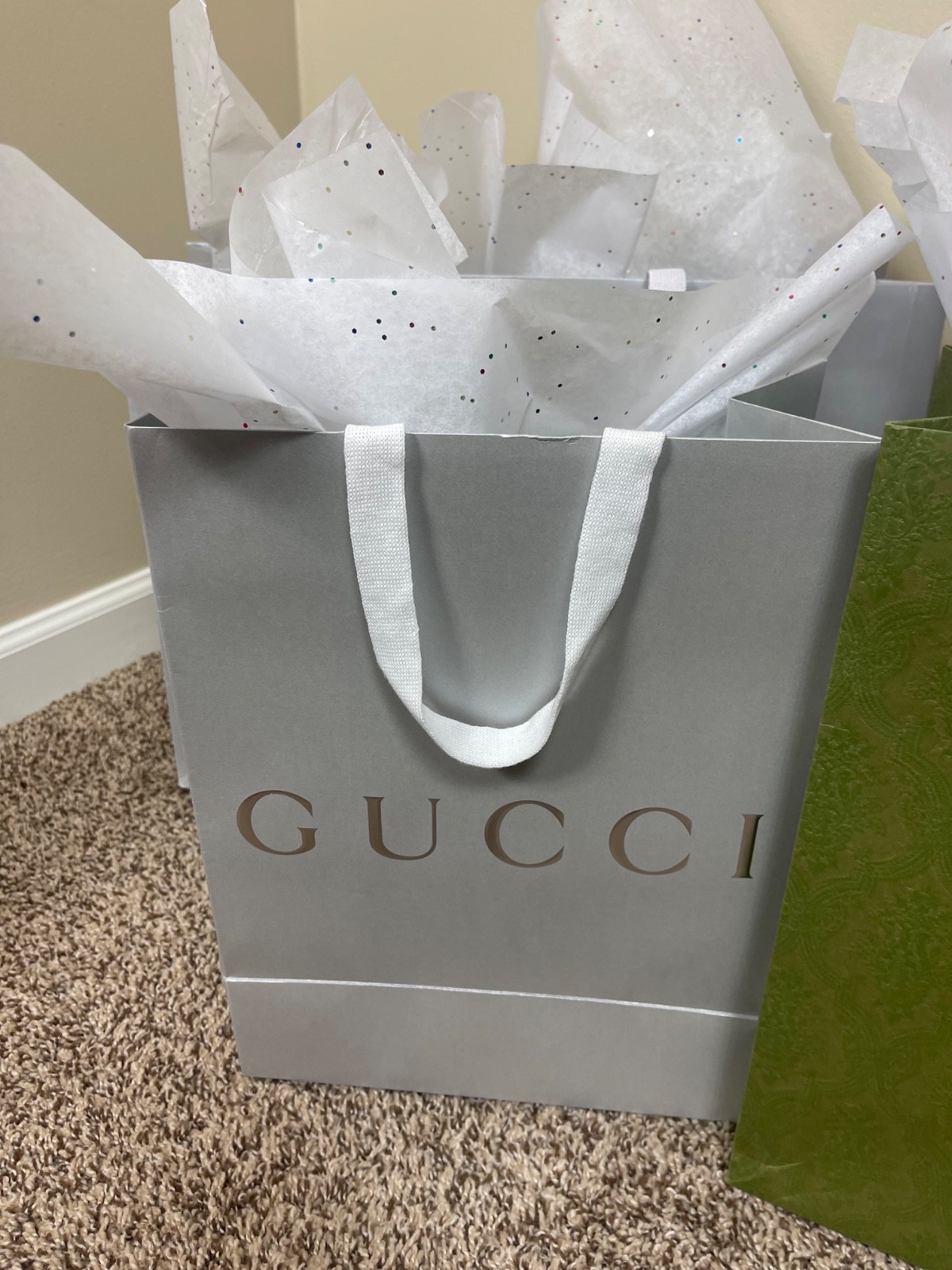 Authentic Empty Gucci Green Brocade Red Silver 8 Total Shopping Gift Tote Bags thumbnail 7