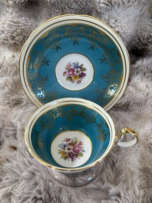Aynsley England Turquoise Teacup & Saucer | Gold Gilt | Floral Centre - Pings