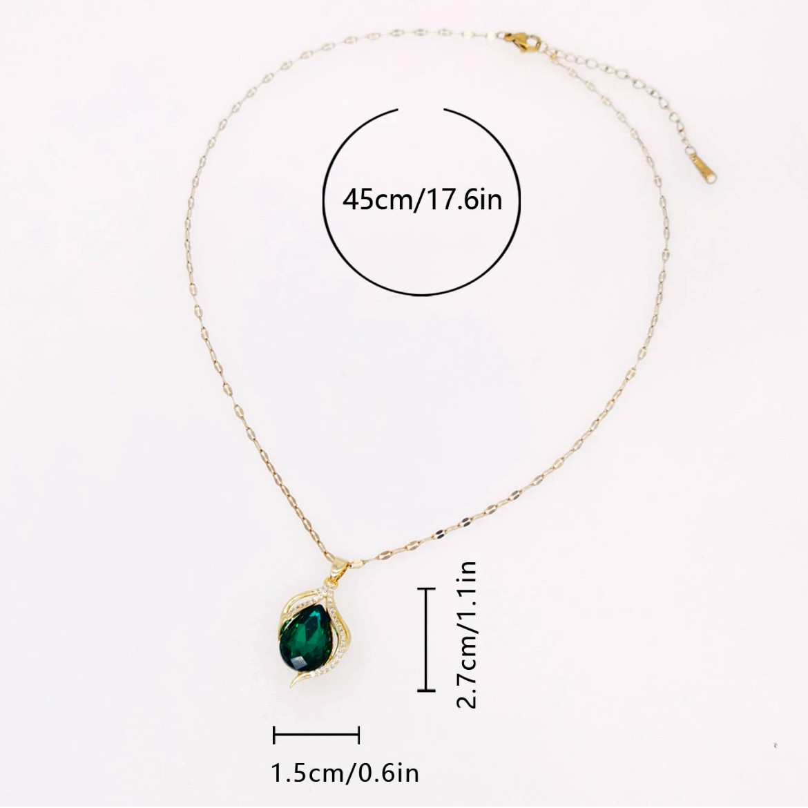 Womens Necklace Green Drop Pendant 18K Gold Plated Stainless Steel Chain Jewelry