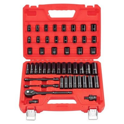 50-Pc 3/8 Drive Impact Socket Set SAE/Metric 6Pnt CrV Steel Case
