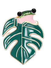 Cute Frog Peeking Over Leaf Brooch Pin Enamel Rhinestone Eyes Nature Jewelry Gif