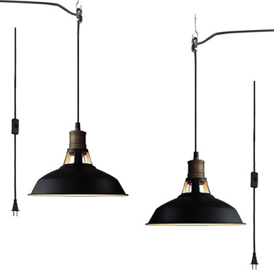 Adjustable Black Barn Shade Pendant Lights with On/Off Switch - Set of 2