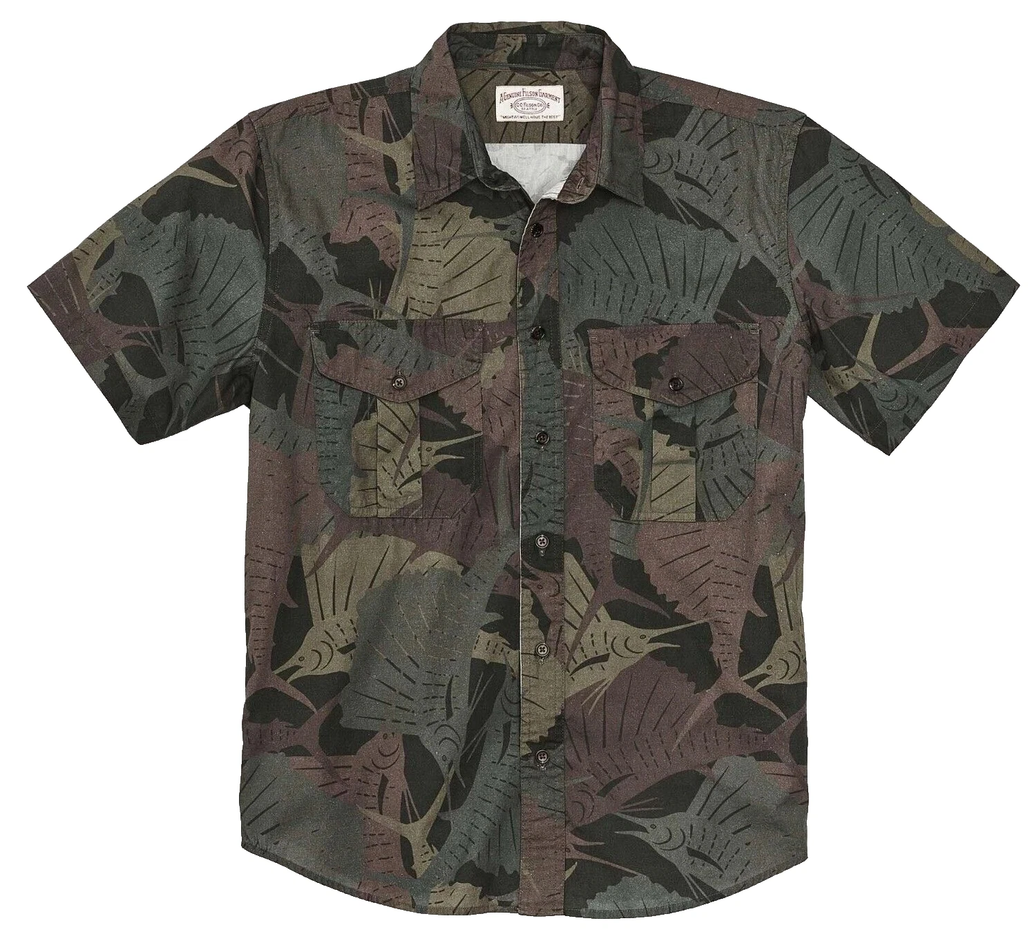 Filson Feather Cloth Shirt Short Sleeve Men's Medium Sailfish Olive Camo Fishing