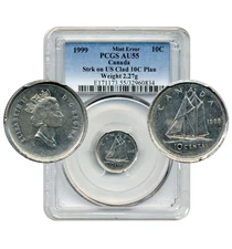 1999 US / Canada 10 Cents, MINT ERROR, Struck on US Clad 10c Planchet, PCGS AU55