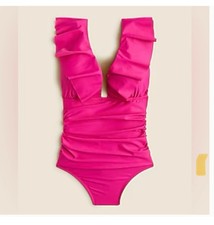 J. Crew Ruched Ruffle One-Piece Swimsuit Fuchsia Pink Vneck NEW Re-imagined 10