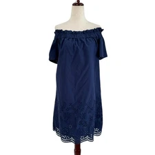 Vineyard Vines Summer Dress Navy L Off Shoulder Eyelet Floral Mini Party Cotton