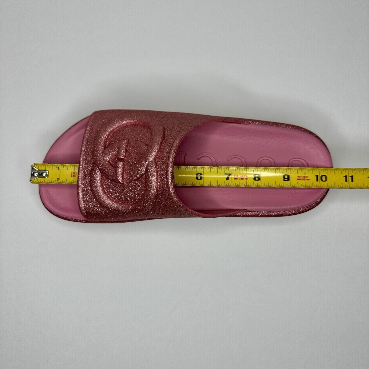 Size 39 - NEW GUCCI Glitter Pink Rubber GG Logo Slides Platform