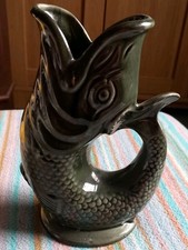Vintage Fosters Studio Pottery Gluggle Jug Green Drip Glaze 17cm Gurgle Fish