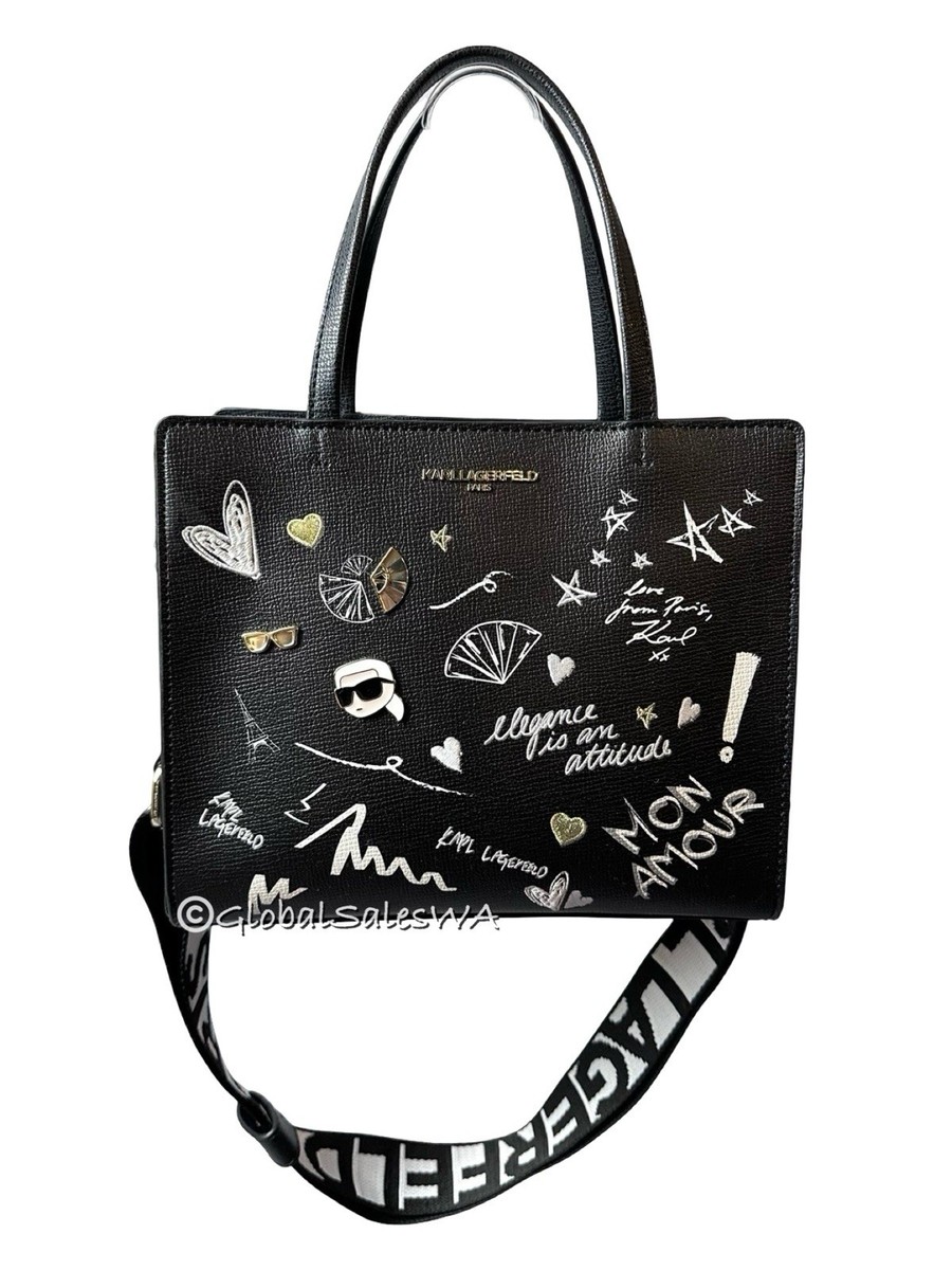 Karl Lagerfeld Maybelle Black Zip Satchel Crossbody Bag Pins Mon