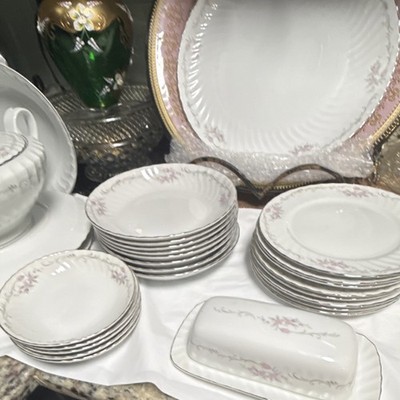 - Porcelain Floral Dinnerware Set White/Pink/Gray Silver Rim w/ Lidded Tureen