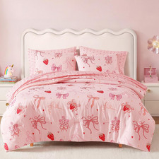 Twin XL Comforter Set for Girls, 5 Pieces Pink Bedding Set with Strawberry Bow,