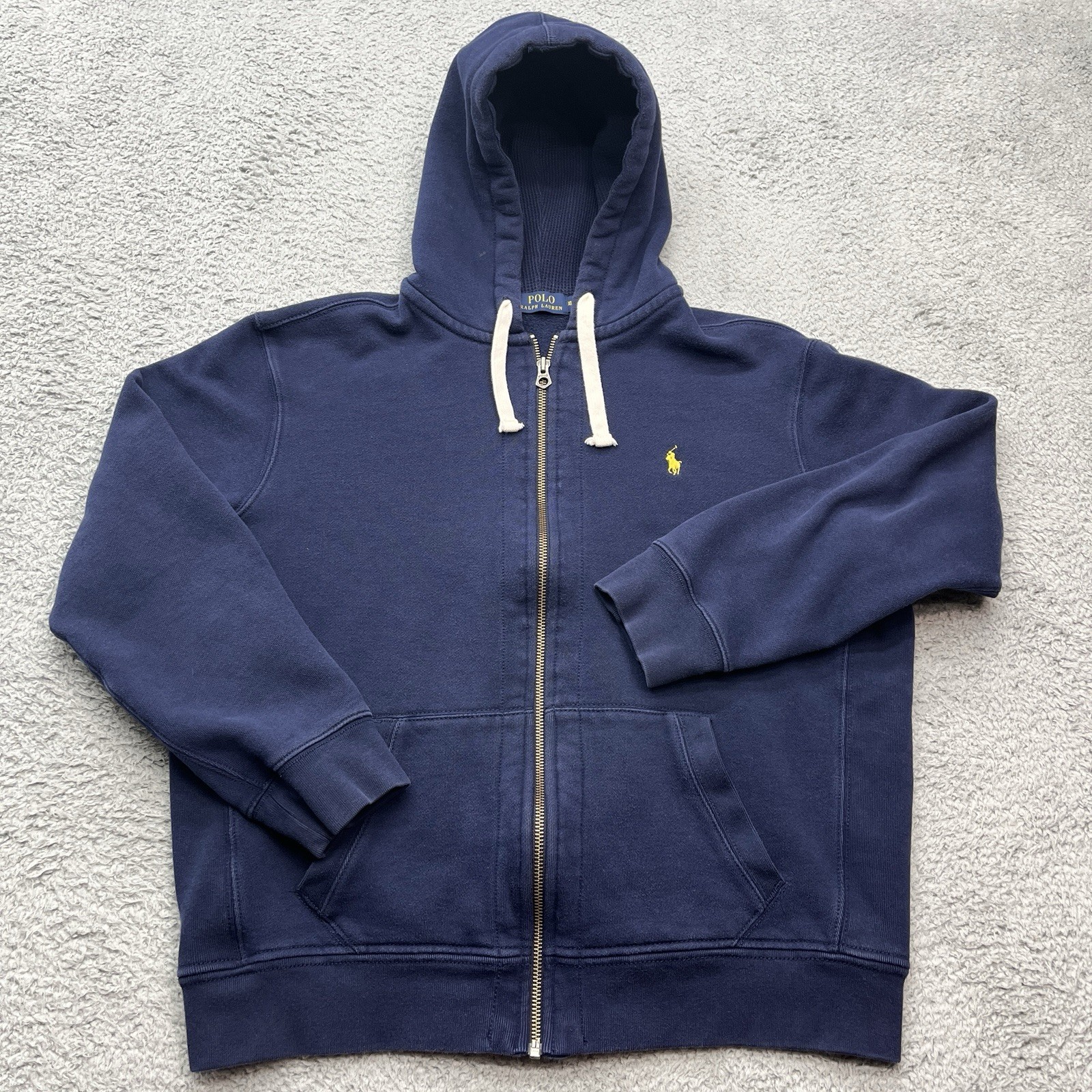 Polo Ralph Lauren full zip cappuccio uomo XL blu con pony giallo cotone pesante preppy