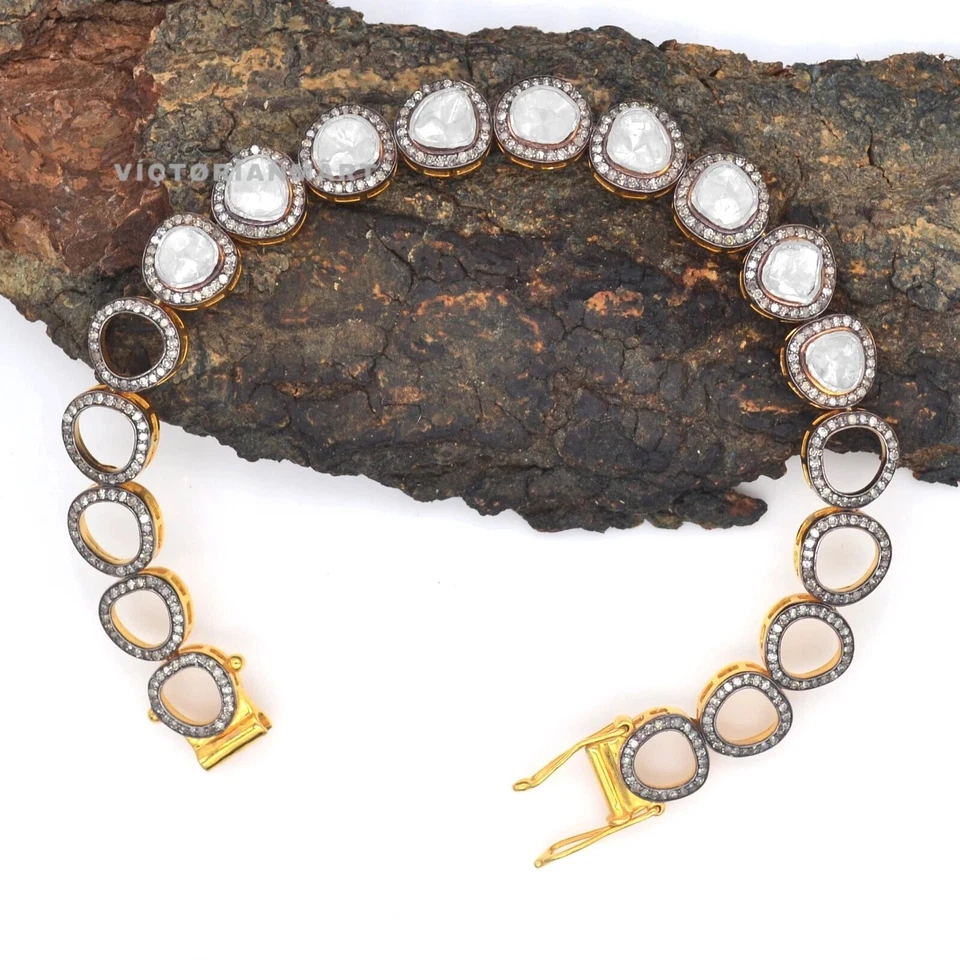 Pulsera de diamantes Polki Pave de plata de ley 925 estilo victoriano joyería Foto 2 de 4