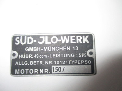 Typenschild ILO Id-plate Schild Süd JLO Werk münchen Type P50 5 PS S31