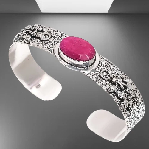 Brazalete ajustable de plata de ley 925 con piedras preciosas étnicas rubí rojo de Cachemira n7 Foto 3 de 4